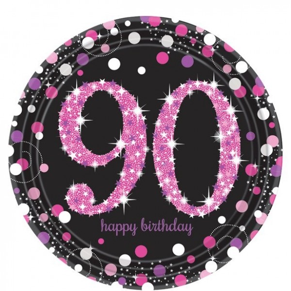 8 lyserøde prikker 90-års fødselsdagsplade 23 cm