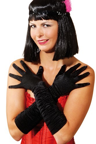 Zwart satijnen handschoenen met ruches aan de arm