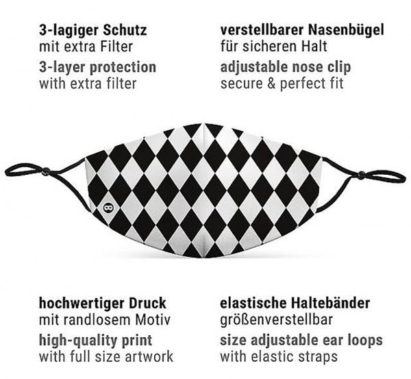 Mund- og næsemaske harlekin hvid-sort 3