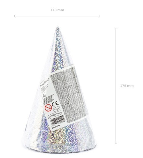 6 Holographic Party Hats Silver 17cm