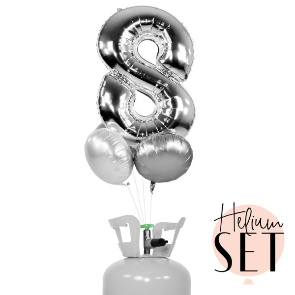 XXL Zahl 8 Silber Ballonbouquet-Set mit Heliumbehälter