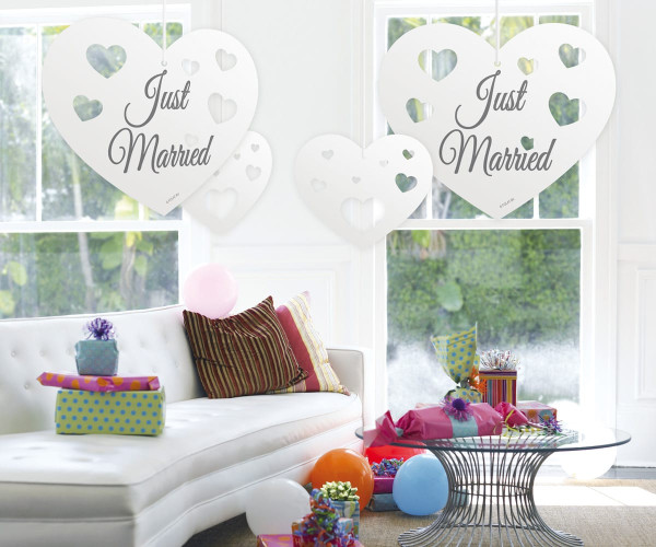 5 Just Married hearts decoration hangers