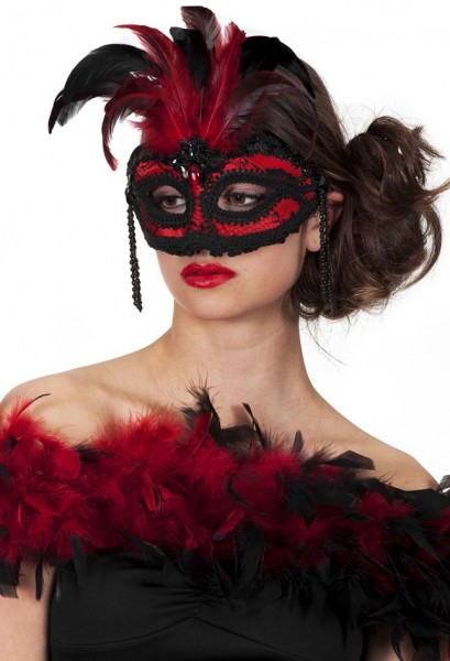 Röd-svart burlesk ögonmask med fjädrar