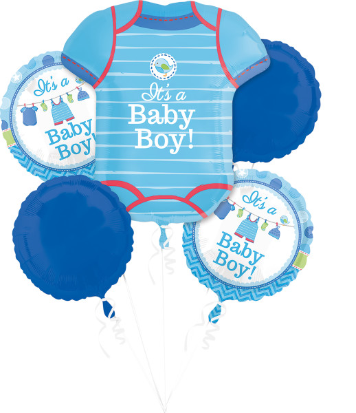 5 foil balloons in a blue baby shower design