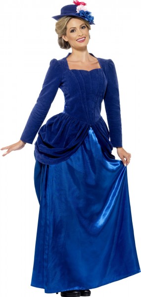 Victoriaans dames kostuum in fluweelblauw