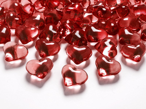 30 krystal-dekorationshjerter i rødt
