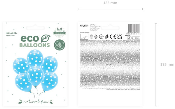6 eco balloons blue with dots 30cm