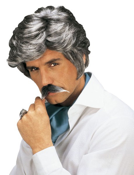 Grå charmören Carlo peruk med mustasch