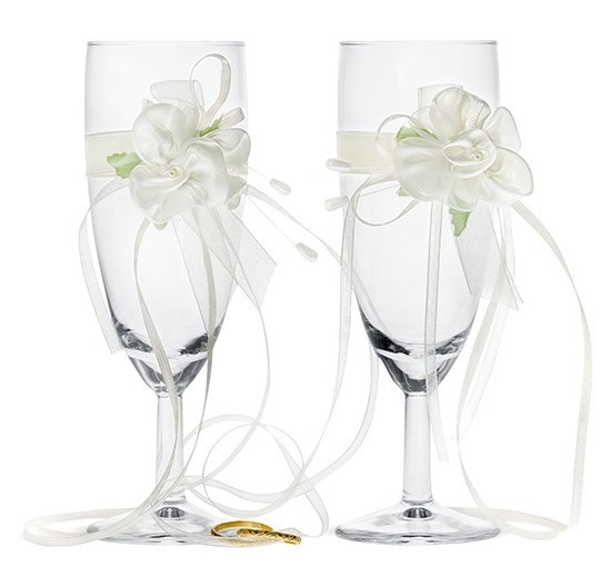 2 Hochzeitsgläser mit Blumen und Eheringe 15 cm