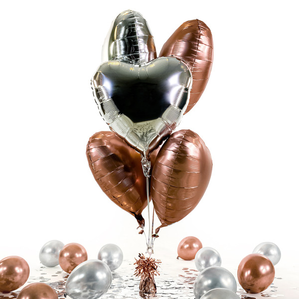 5 Heliumballons in der Box mixed Rosegold & Silver Hearts