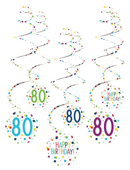 6 konfetti fest 80 års fødselsdag spiral bøjle 61cm