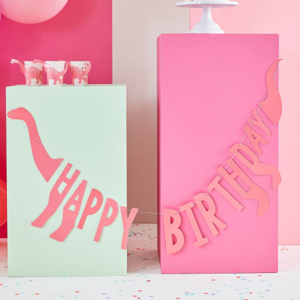 Różowa girlanda urodzinowa Dino Party 137cm