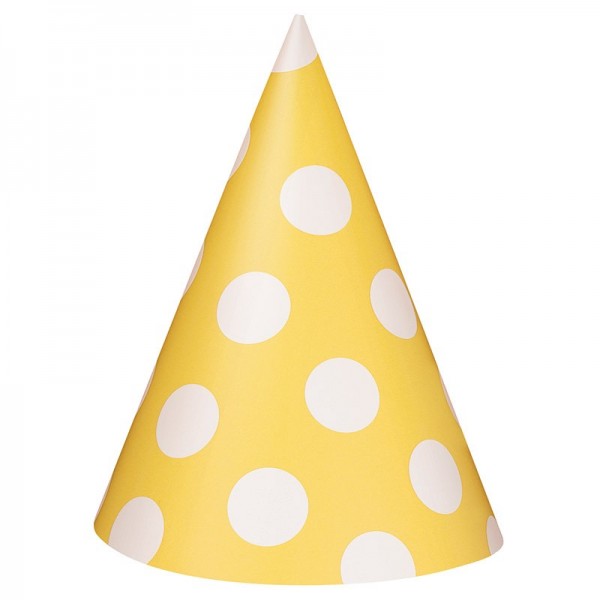 8 party hats Tiana yellow dotted 15cm