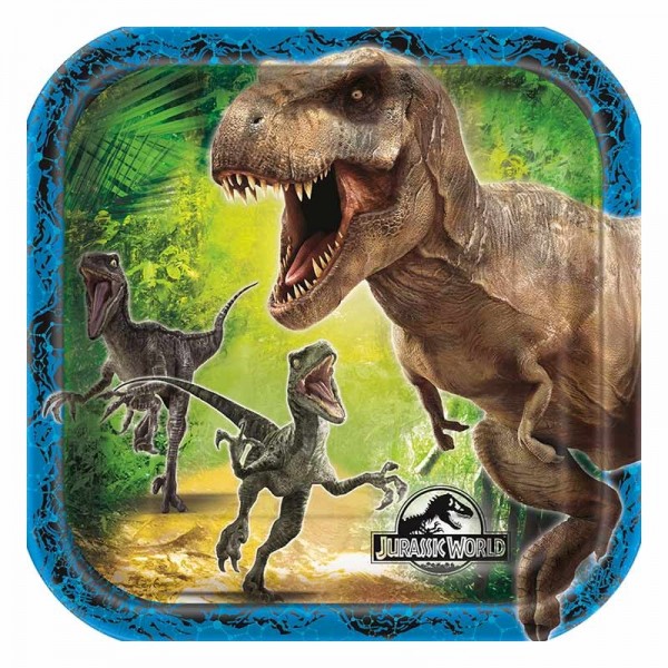 8 platos de papel Jurassic World Raptor cuadrados 18cm