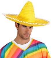 Oversigt: Eksotisk sombrero med pomponer gul 50 cm