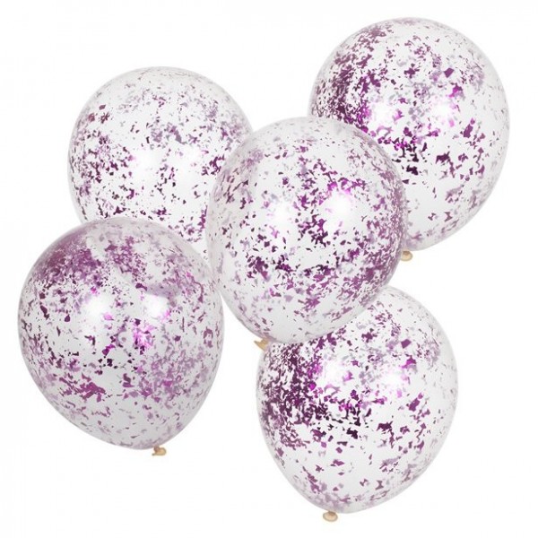 5 latex balloons with purple shredded confetti 30cm