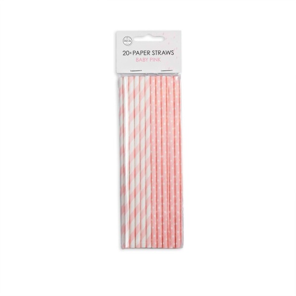 20 Papier Trinkhalme Pastell Rosa und Weiß gestreift und gepunktet