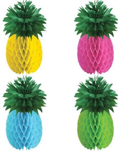 4 boules en nid d'abeille décoratives ananas colorées 30,5 cm