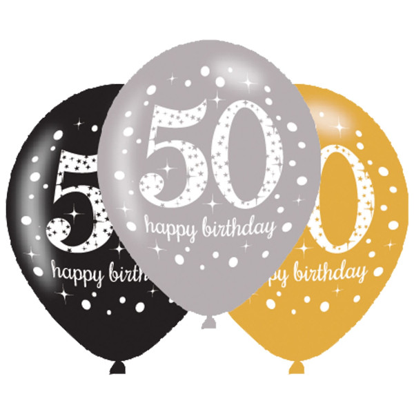 6 gyldne 50-års fødselsdagsballoner 27,5 cm