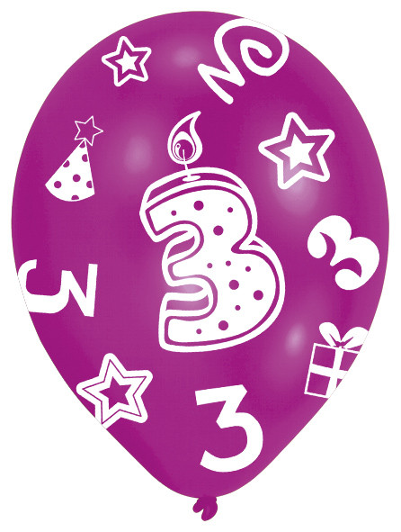 6 bunte Luftballons 3.Geburtstag 27,5 cm 4