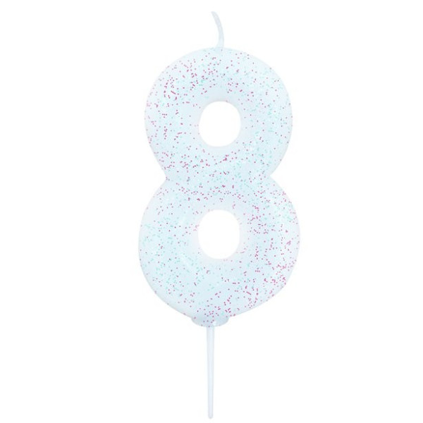 Glittering number 8 cake candle white 7cm