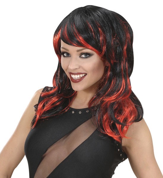 Halloween wig long hair black with red streaks