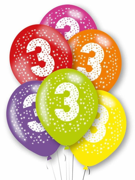 6 farverige nummer 3 latex balloner 27,5 cm