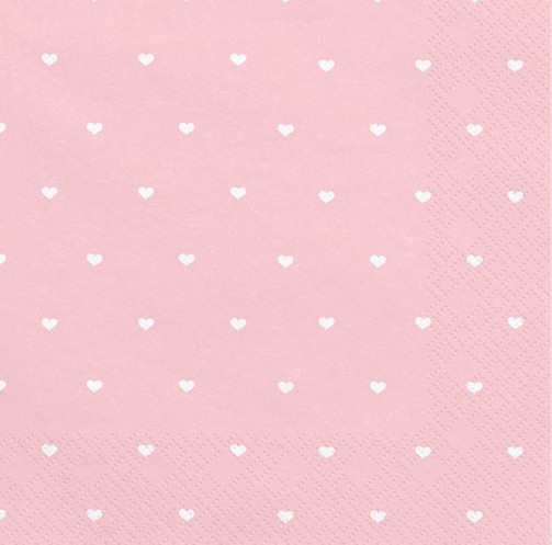 20 tovaglioli rosa con cuori bianchi 33cm