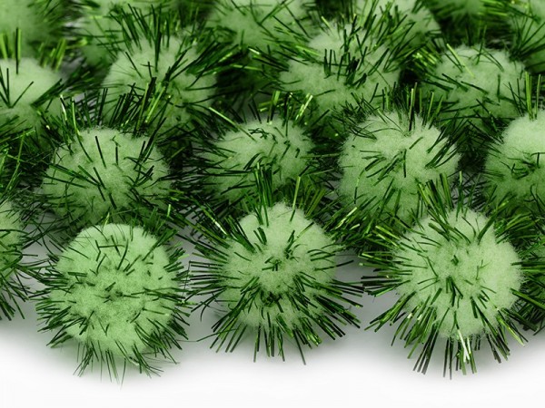 20 pompomer med grønne højdepunkter 2 cm