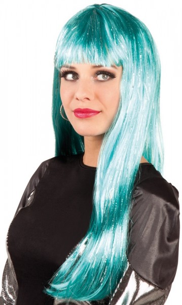Perruque cheveux longs pailletés de couleur turquoise avec frange