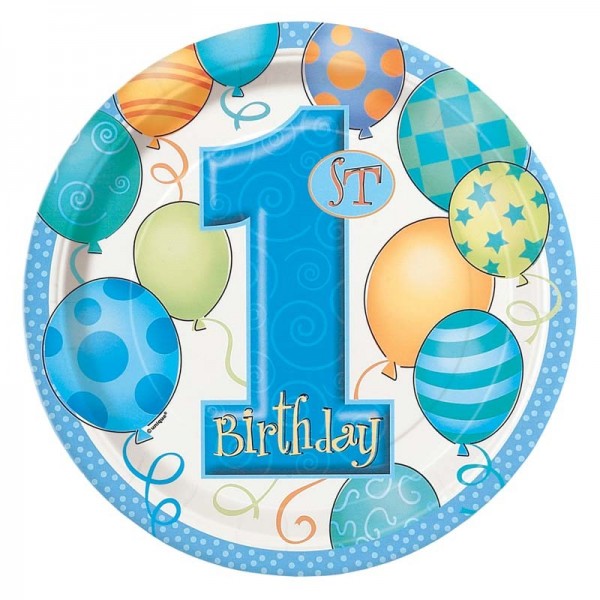 8 platos de papel para fiesta de cumpleaños con globos azules 18cm