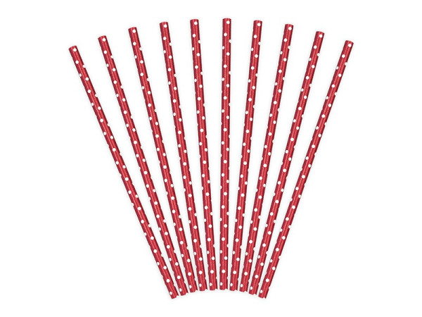 10 kropkowanych słomek papierowych czerwony 19,5 cm