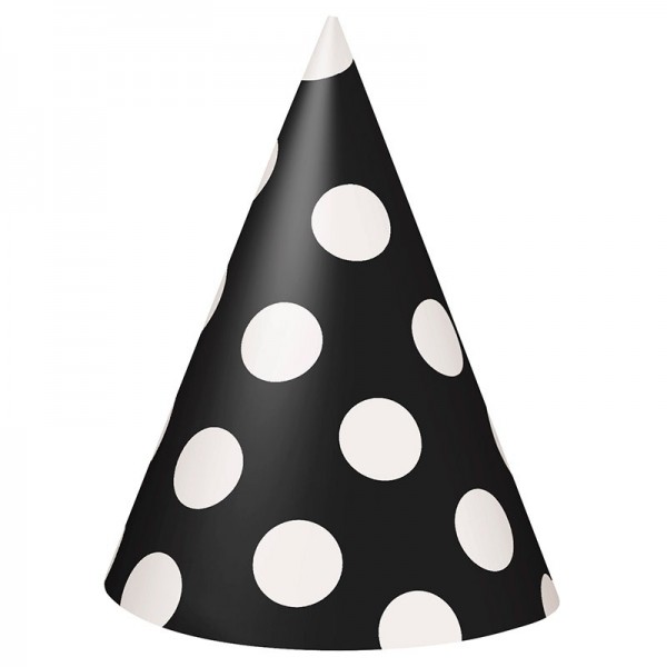 8 party hats Tiana black dotted 15cm