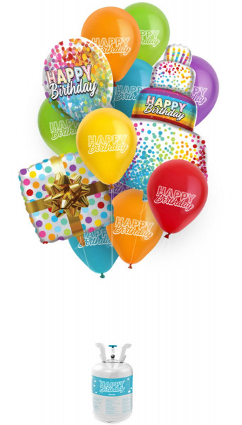 Bouteille d'hélium joyeux anniversaire avec des ballons