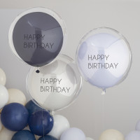 3 Blaue Happy Birthday double stuffed Ballons