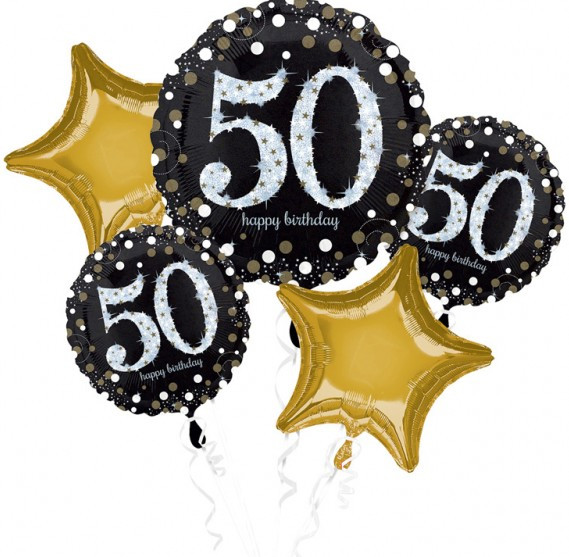 Gylden 50-års fødselsdag ballonbuket 5 stk