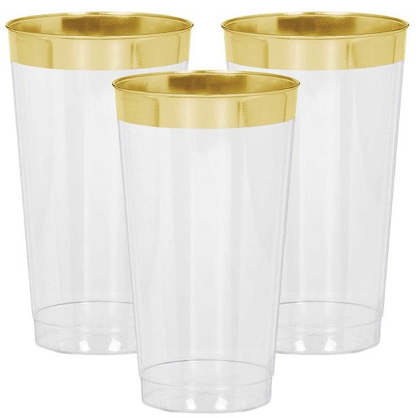 16 premium plastic cups with gold rim 454ml