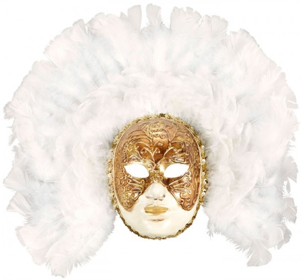 Masque pompeux avec coiffe de plumes blanches 3