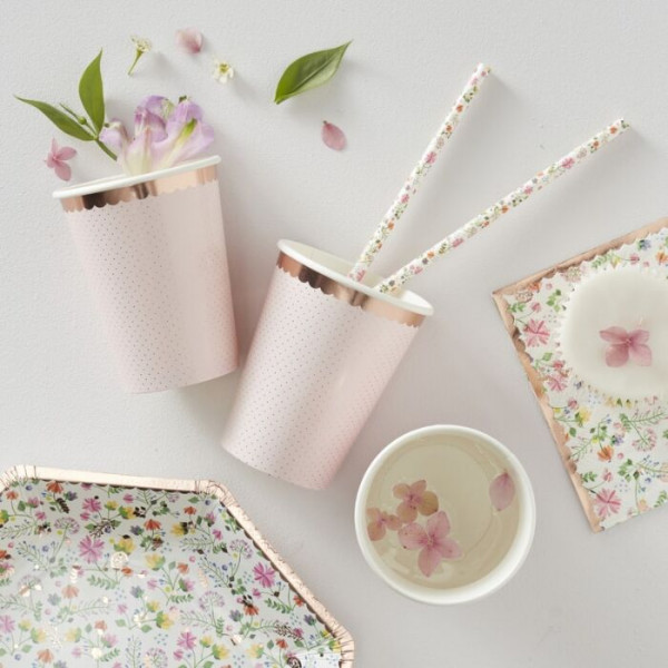 8 vasos de papel Wild Flower oro rosa 260ml