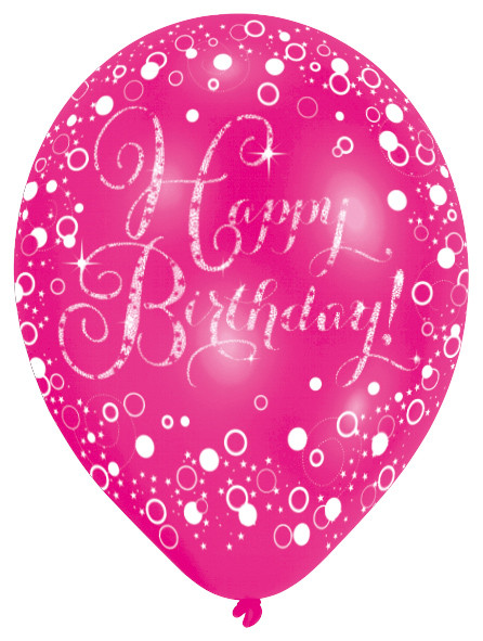 6 sparkling balloons Happy Birthday pink purple black