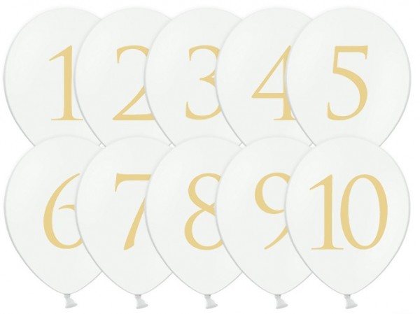 10 Tischnummern Ballons weiß-gold 30cm