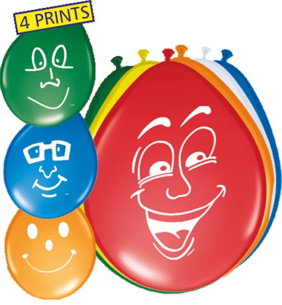 8 färgglada Happy Faces ballonger 30cm