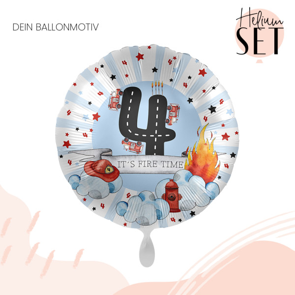 4. Geburtstag Feuerwehr Ballonbouquet-Set mit Heliumbehälter