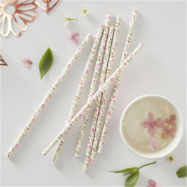 25 flower drinking straws made of paper 19.5cm