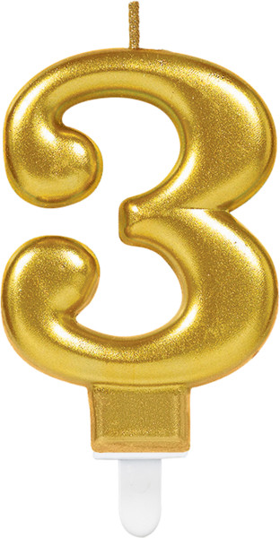 Świeca tortowa numer 3 w kolorze metalicznego złota 7,5cm