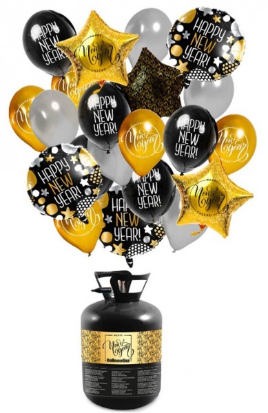 Bonne année ensemble de bouteille d'hélium avec des ballons et ruban