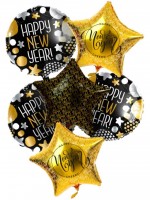 Widok: Szczęśliwego nowego roku zestaw butelek helu z balonami i wstążką