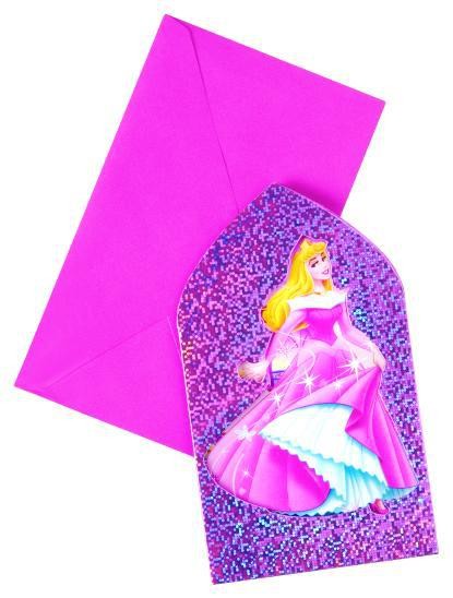 6 Pink Disney Princess Rapunzel glitter effect invitation cards in a set 9x14cm