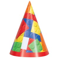 Oversigt: 8 farverige tillykke med fødselsdagen byggeklods hatte 15cm