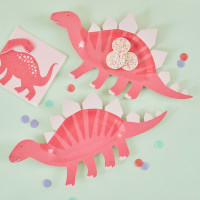 8 różowych talerzy z dinozaurami 16cm x 30cm